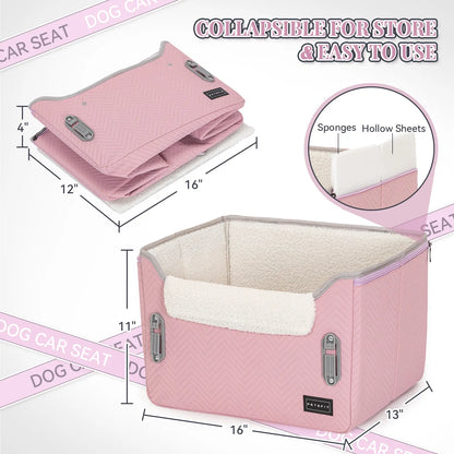 PETSFIT Foldable Dog Car Booster Seat for Small Dogs - Patented Safety Buckles, Safety Tether, Stable Frame, Soft Cushion - Leather, Fabric, Waterproof Wipe, Cozy Velvet Pad - Reduces Stress, Fits Front/Back Seat - Sohochic