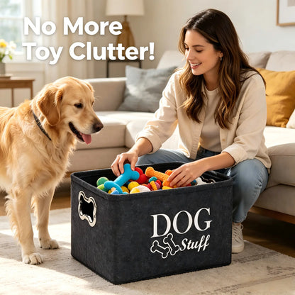 Thick Felt Large Dog Toy Storage Bin (15In X 10.6In X 8.7In) - Collapsible Lightweight Pet Supplies Organizer Basket with Metal Bone-Shaped Handles, Modern Neutral-Tone Logo Box for Toys/Leashes, Ideal for Dog Owners, Bedroom Use