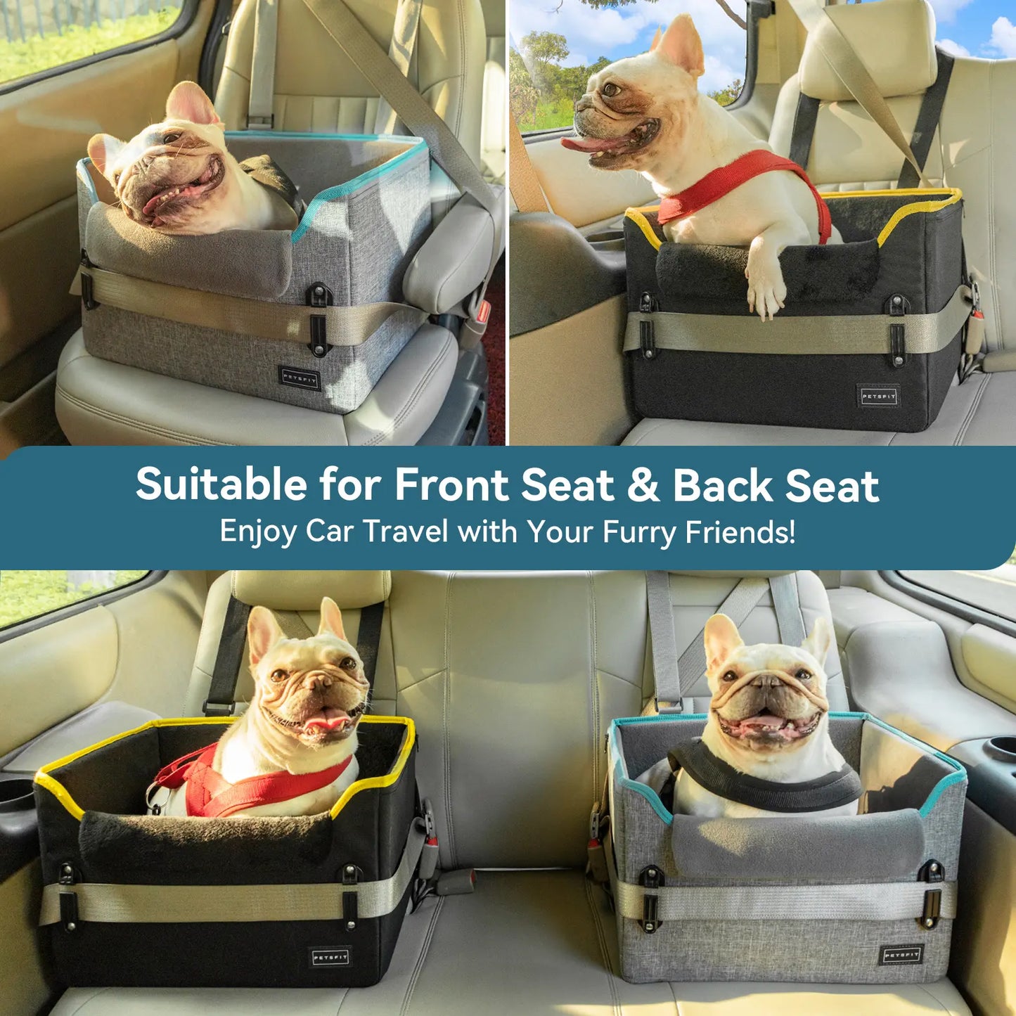 PETSFIT Foldable Dog Car Booster Seat for Small Dogs - Patented Safety Buckles, Safety Tether, Stable Frame, Soft Cushion - Leather, Fabric, Waterproof Wipe, Cozy Velvet Pad - Reduces Stress, Fits Front/Back Seat - Sohochic