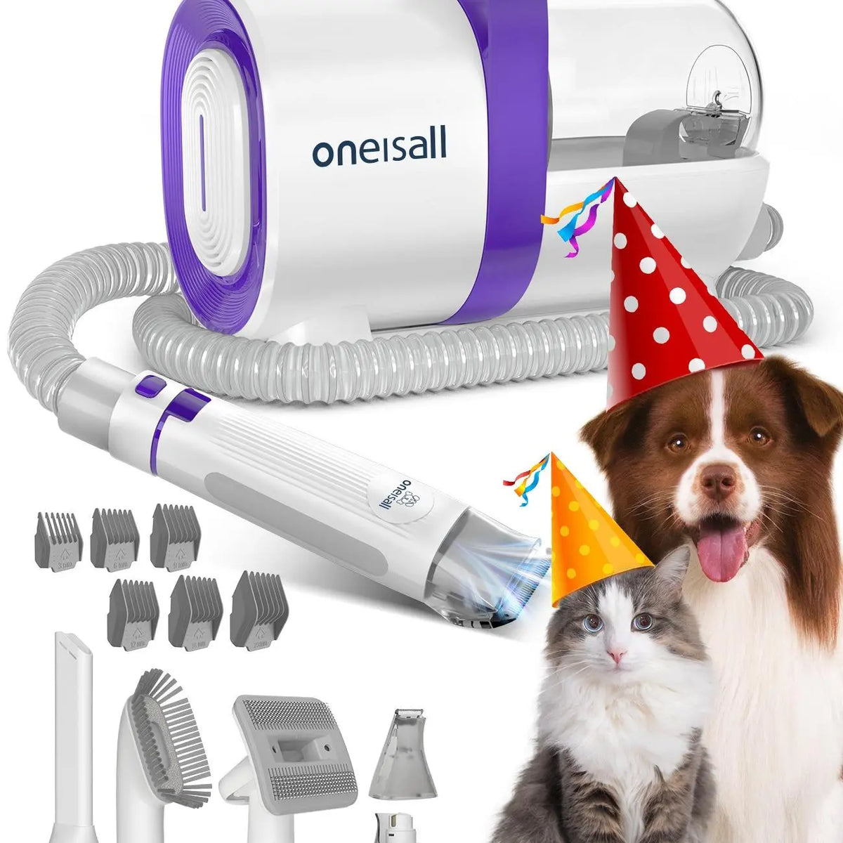 Oneisall Pet Grooming Vacuum 1.5L with Grooming Brush, Clipper, Low-Noise, Stress-Free, 99% Hair Suction, Easy-To-Clean & Compact Design
