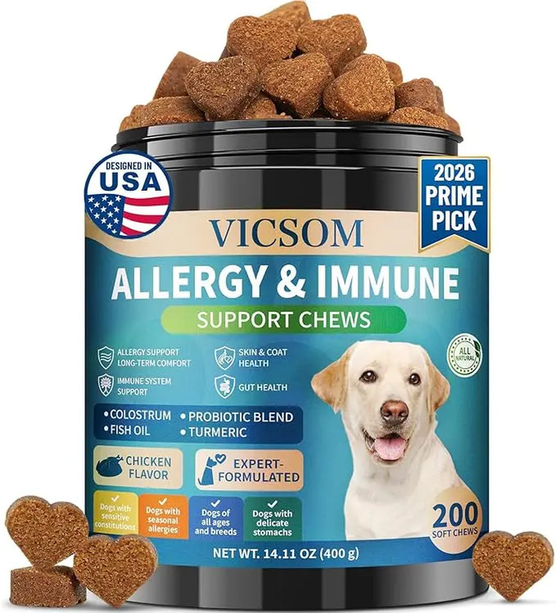 VICSOM Gentle Dog Allergy & Immune Support Chews - 200 Soft Chicken Flavor Chews - Itch Relief, Seasonal Care - Colostrum, Probiotics, 3S for Gut, Supports Skin & Coat Health - for All Ages Dogs