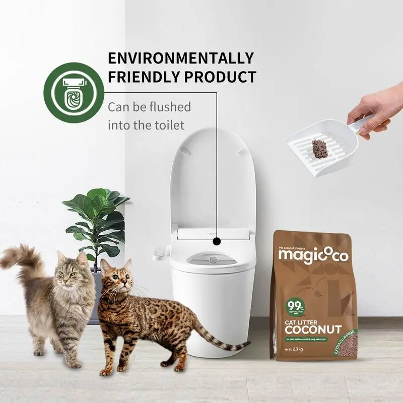 Magicoco Cat Litter 99% Odor Deodorized Low Tracking & Flushable Unscented & Chemical-Free Extra Clumping 5Lbs/Bag Natural Coconut Raw Materials Cat Essentials Kitten Stuff