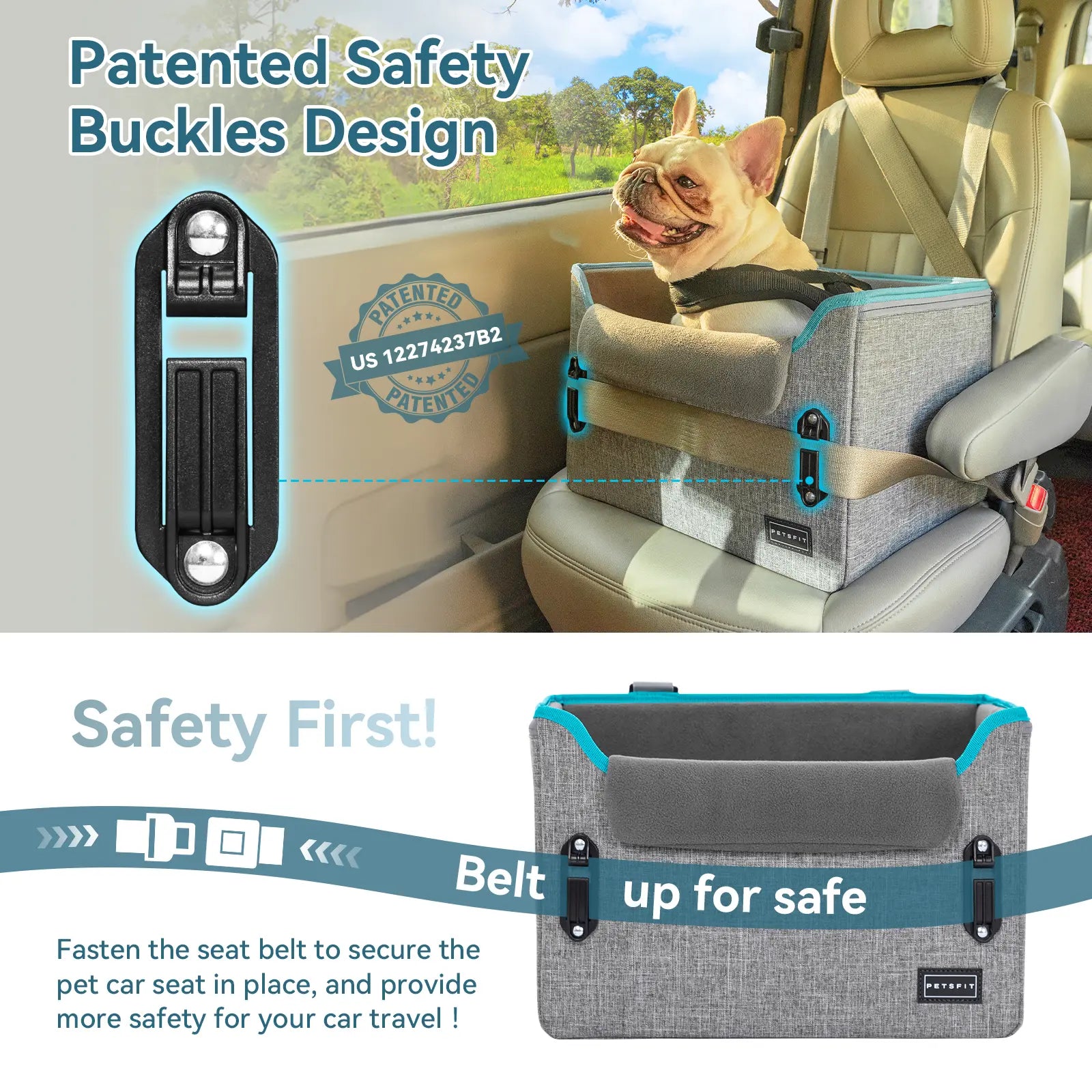 PETSFIT Foldable Dog Car Booster Seat for Small Dogs - Patented Safety Buckles, Safety Tether, Stable Frame, Soft Cushion - Leather, Fabric, Waterproof Wipe, Cozy Velvet Pad - Reduces Stress, Fits Front/Back Seat - Sohochic