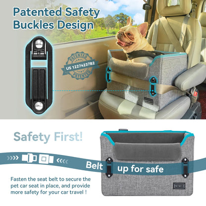 PETSFIT Foldable Dog Car Booster Seat for Small Dogs - Patented Safety Buckles, Safety Tether, Stable Frame, Soft Cushion - Leather, Fabric, Waterproof Wipe, Cozy Velvet Pad - Reduces Stress, Fits Front/Back Seat - Sohochic