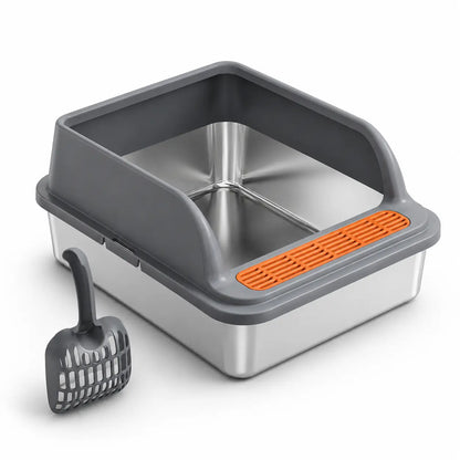 Stainless Steel Extra Large Open-Style Cat Litter Box with Anti-Splash Elevated Fence, Sand Control Semi-Enclosed Pet Litter Tray for Effortless Living
