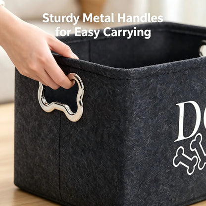 Thick Felt Large Dog Toy Storage Bin (15In X 10.6In X 8.7In) - Collapsible Lightweight Pet Supplies Organizer Basket with Metal Bone-Shaped Handles, Modern Neutral-Tone Logo Box for Toys/Leashes, Ideal for Dog Owners, Bedroom Use