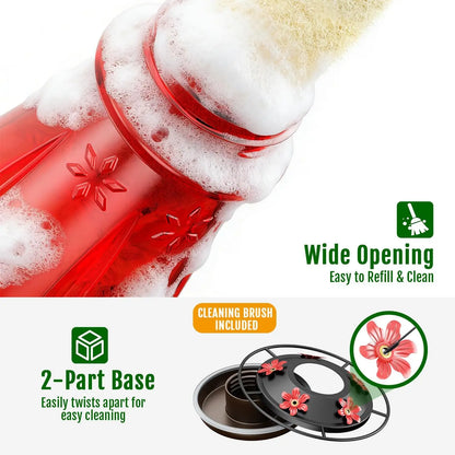 Birdream Hummingbird Feeders for Outdoors, 25Oz Glass Hummingbird Feeder with Perch & 5 Bee Guard Feeding Ports, Leak Proof, Includes Ant Moat and Cleaning Brush, Gift for Women Mom, Red