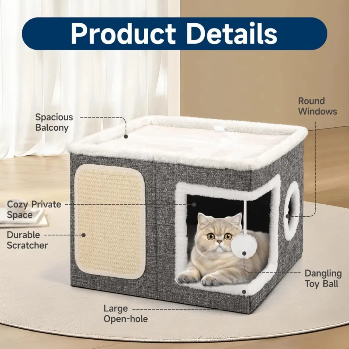 Polyester-Cotton Classic Modern Plain Foldable Cat House - 30Lbs Weight Capacity, Large Hole, round Windows, Fluffy Hanging Balls, Double-Sided Soft Cushions, All-Season Indoor Apartment Use,Sohochic