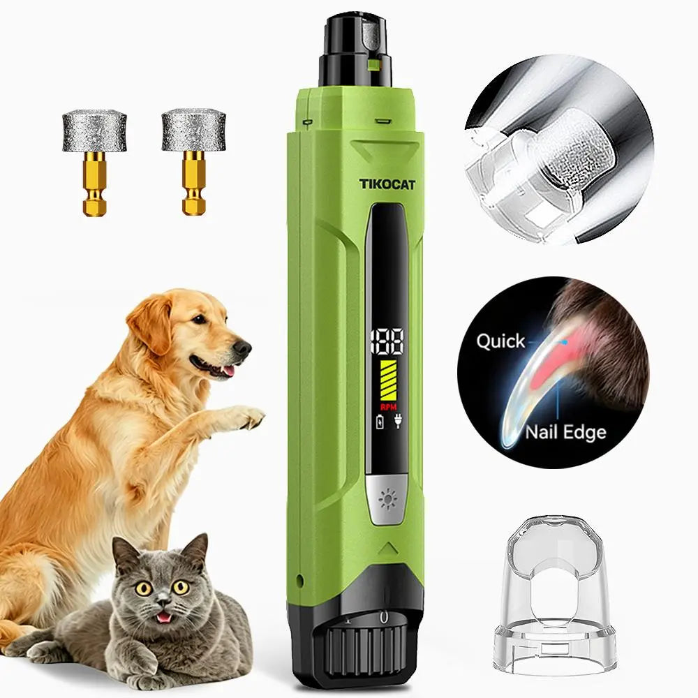 TIKOCAT Rechargeable Pet Nail Grinder, Ultra-Quiet Universal Electric Grooming Tool with 4 LED Lights, 3 Grinding Bits, 6-Speed, Type-C Fast Charging, 12-Hour Runtime, Smart LED Display, Dust Cup for Sensitive Dogs & Cats