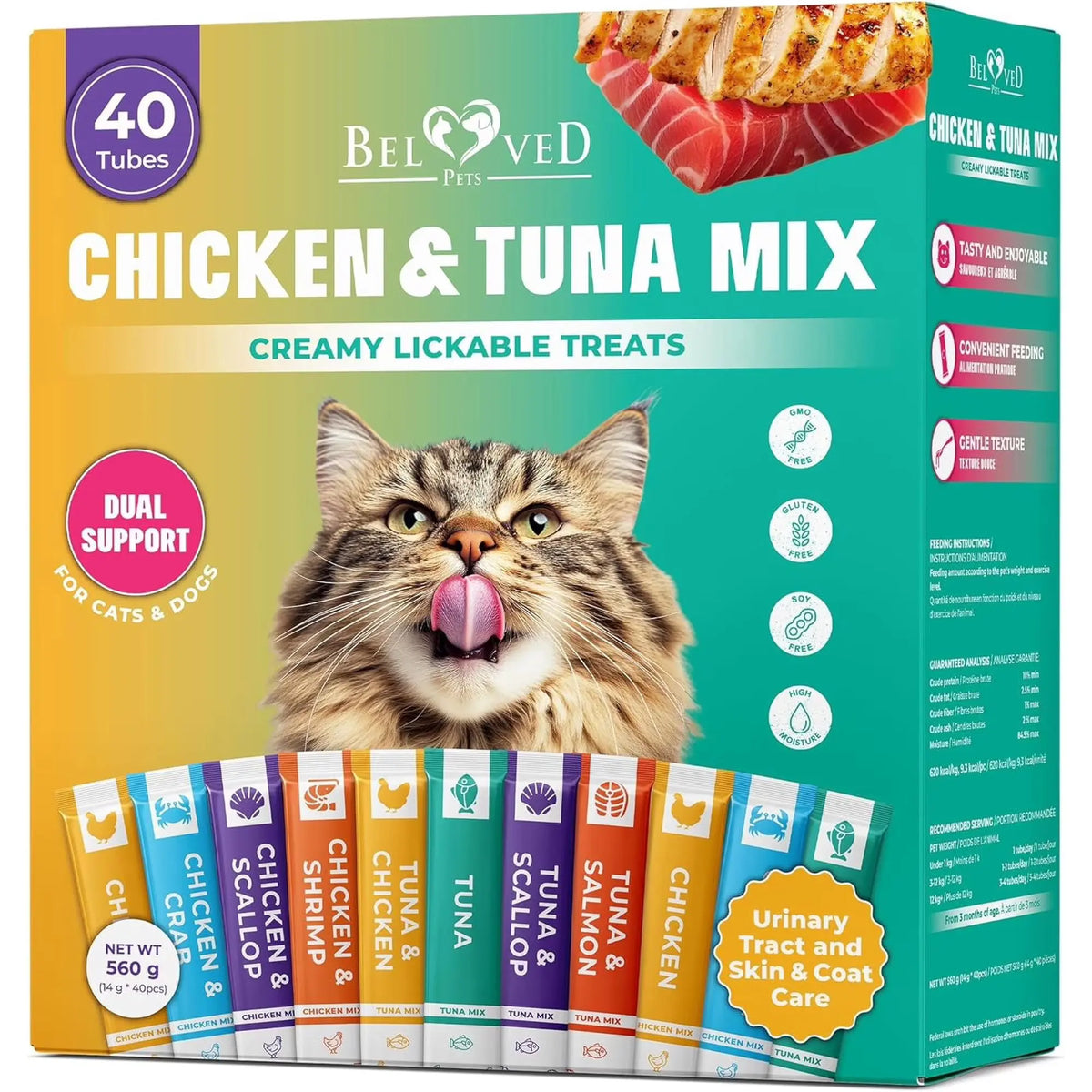 Beloved Pets Creamy Lickable Cat Treats and Wet Food Squeeze Tubes – Liquid Snacks for Kittens, Urinary Health Support, Multivitamin Treats for Cats and Small Dogs, Tuna Mix (40 Sticks)
