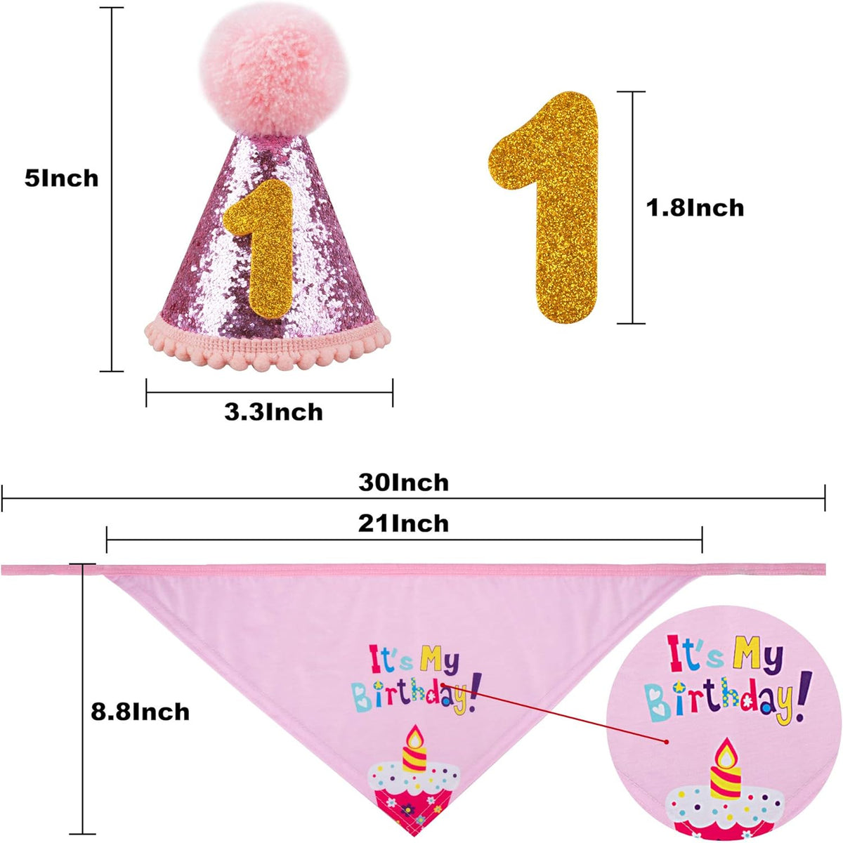 Dog Birthday Celebration Supplies Set - Bandana, Hat, Banner, Bow Tie, and Scarf Decorations (Pink with Balloon Design)