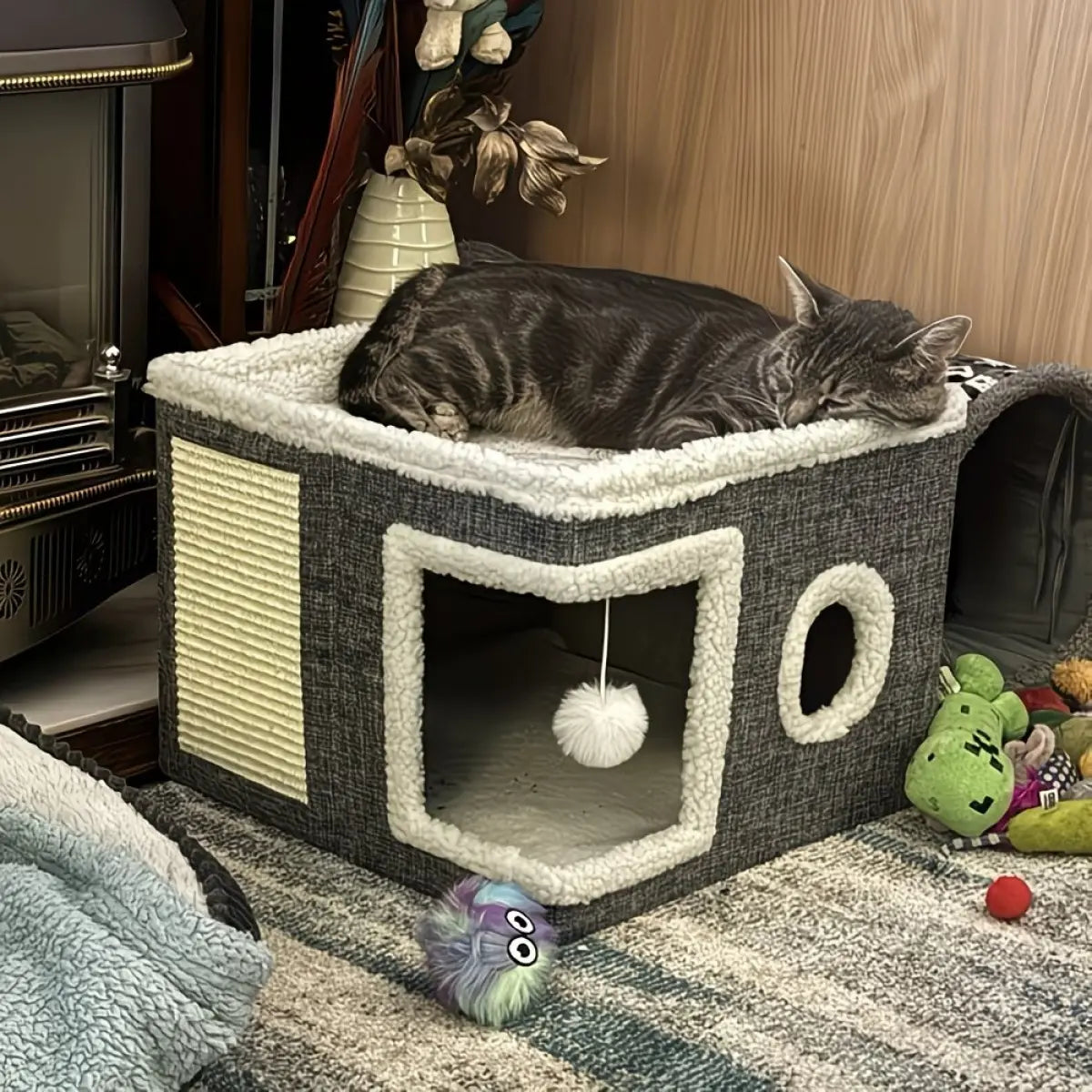Polyester-Cotton Classic Modern Plain Foldable Cat House - 30Lbs Weight Capacity, Large Hole, round Windows, Fluffy Hanging Balls, Double-Sided Soft Cushions, All-Season Indoor Apartment Use,Sohochic
