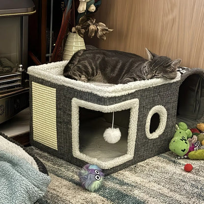 Polyester-Cotton Classic Modern Plain Foldable Cat House - 30Lbs Weight Capacity, Large Hole, round Windows, Fluffy Hanging Balls, Double-Sided Soft Cushions, All-Season Indoor Apartment Use,Sohochic
