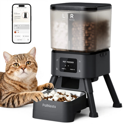 Palnests Dual-Cavity Smart Automatic Feeder - 4L Dry Food Dispenser with Stainless Steel Bowls, 2-Hopper Separation, 2.4Ghz & 5Ghz Wifi Sync, Airtight Fresh Lock, App Control, Timed Feed, Dual Power Backup, Low Food Alerts for Cats & Small/Medium Dogs