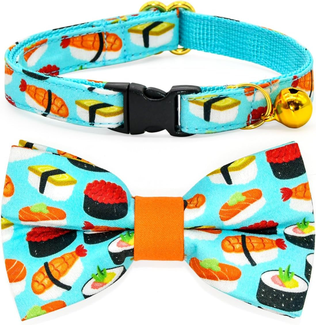 Sushi-Themed Cat Collar and Bow Tie Set with Breakaway Safety Feature, Ideal for Weddings and Birthdays for Kittens
