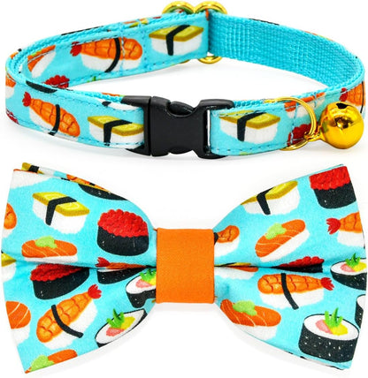 Sushi-Themed Cat Collar and Bow Tie Set with Breakaway Safety Feature, Ideal for Weddings and Birthdays for Kittens