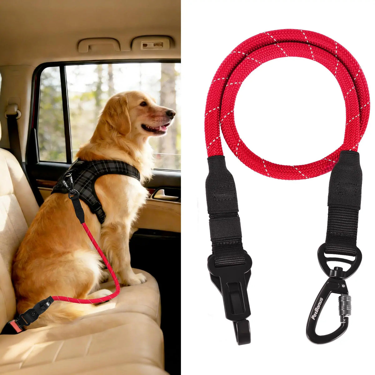 Petbonus Dog Seat Belt for Car, Durable Rope Dog Car Harness Seatbelt for Vehicle, Pet Tether Safety Restraint with Heavy Duty Buckle Hook Latch Lockable Clip for Small Medium Large Breeds