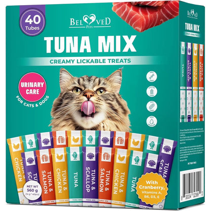 Beloved Pets Creamy Lickable Cat Treats and Wet Food Squeeze Tubes – Liquid Snacks for Kittens, Urinary Health Support, Multivitamin Treats for Cats and Small Dogs, Tuna Mix (40 Sticks)