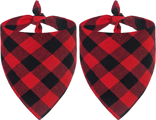 2-Pack Christmas Dog Bandanas in Classic Buffalo Red Plaid - Triangle Bibs Kerchiefs for Small and Large Dogs