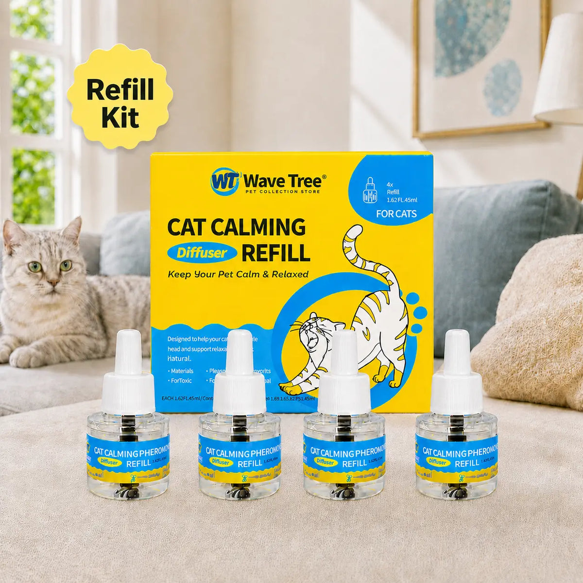 Wavetree Cat Calming Diffuser Refill Kit (4 Pack, 120-Day Supply), Odorless Liquid, Helps Reduce Meowing, Stress & Pee Spraying during Environmental Changes, 48 Ml/Bottle - Tiktokshopbacktoschool