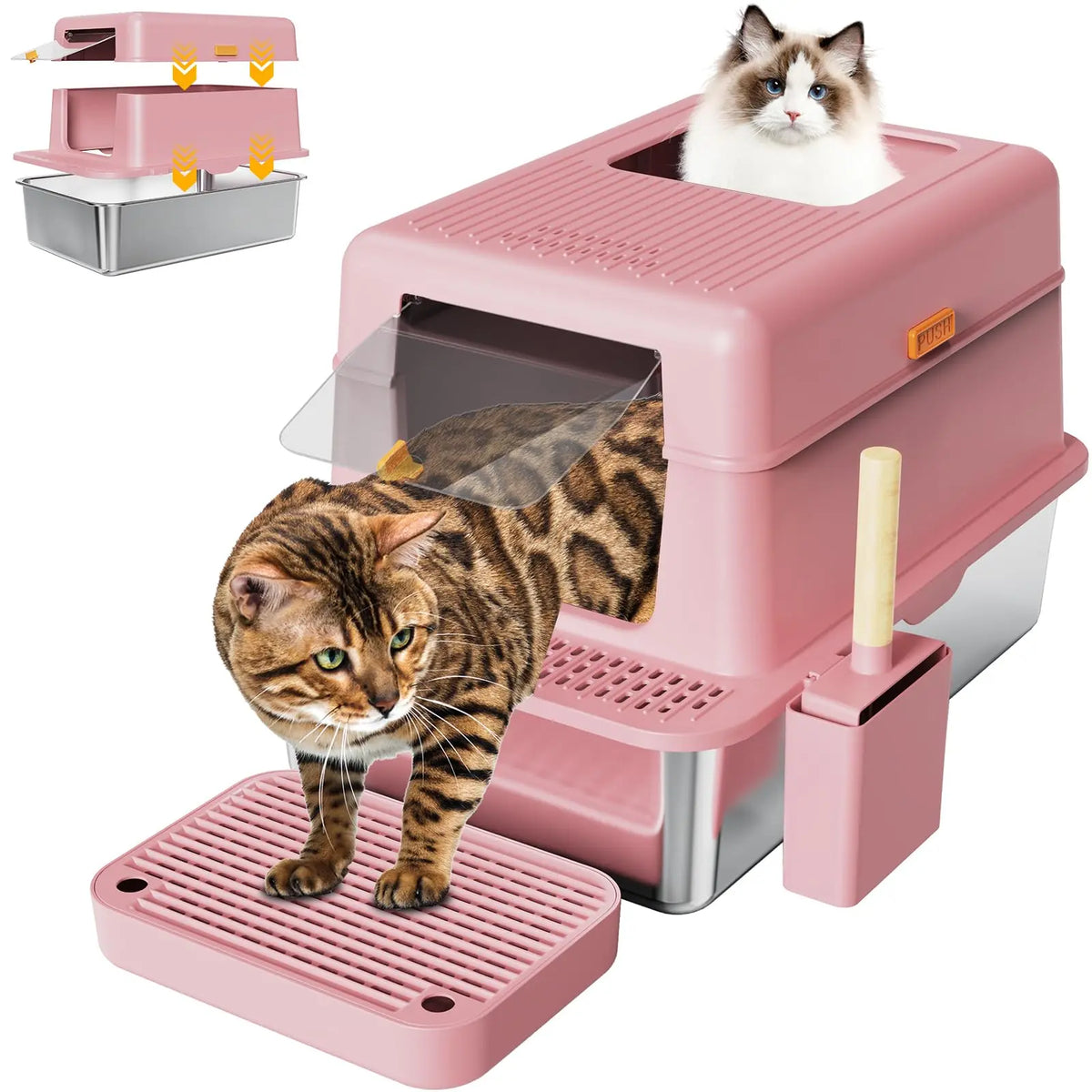 Metal Litter Box with Lid, 36L Extra Large Litter Box XL for Big Cats Top Entry Stainless Steel Litter Box with Double Filter Pedal & Scoop High Sided & Non-Sticky & Anti-Leakage