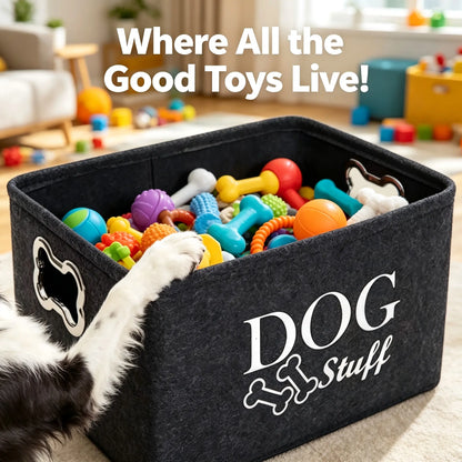 Thick Felt Large Dog Toy Storage Bin (15In X 10.6In X 8.7In) - Collapsible Lightweight Pet Supplies Organizer Basket with Metal Bone-Shaped Handles, Modern Neutral-Tone Logo Box for Toys/Leashes, Ideal for Dog Owners, Bedroom Use