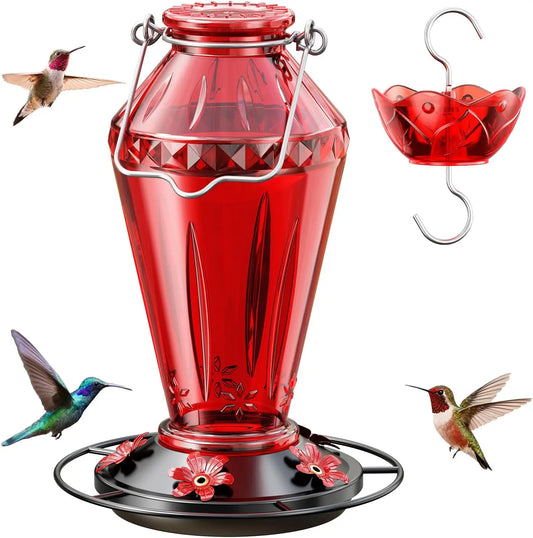 Birdream Hummingbird Feeders for Outdoors, 25Oz Glass Hummingbird Feeder with Perch & 5 Bee Guard Feeding Ports, Leak Proof, Includes Ant Moat and Cleaning Brush, Gift for Women Mom, Red