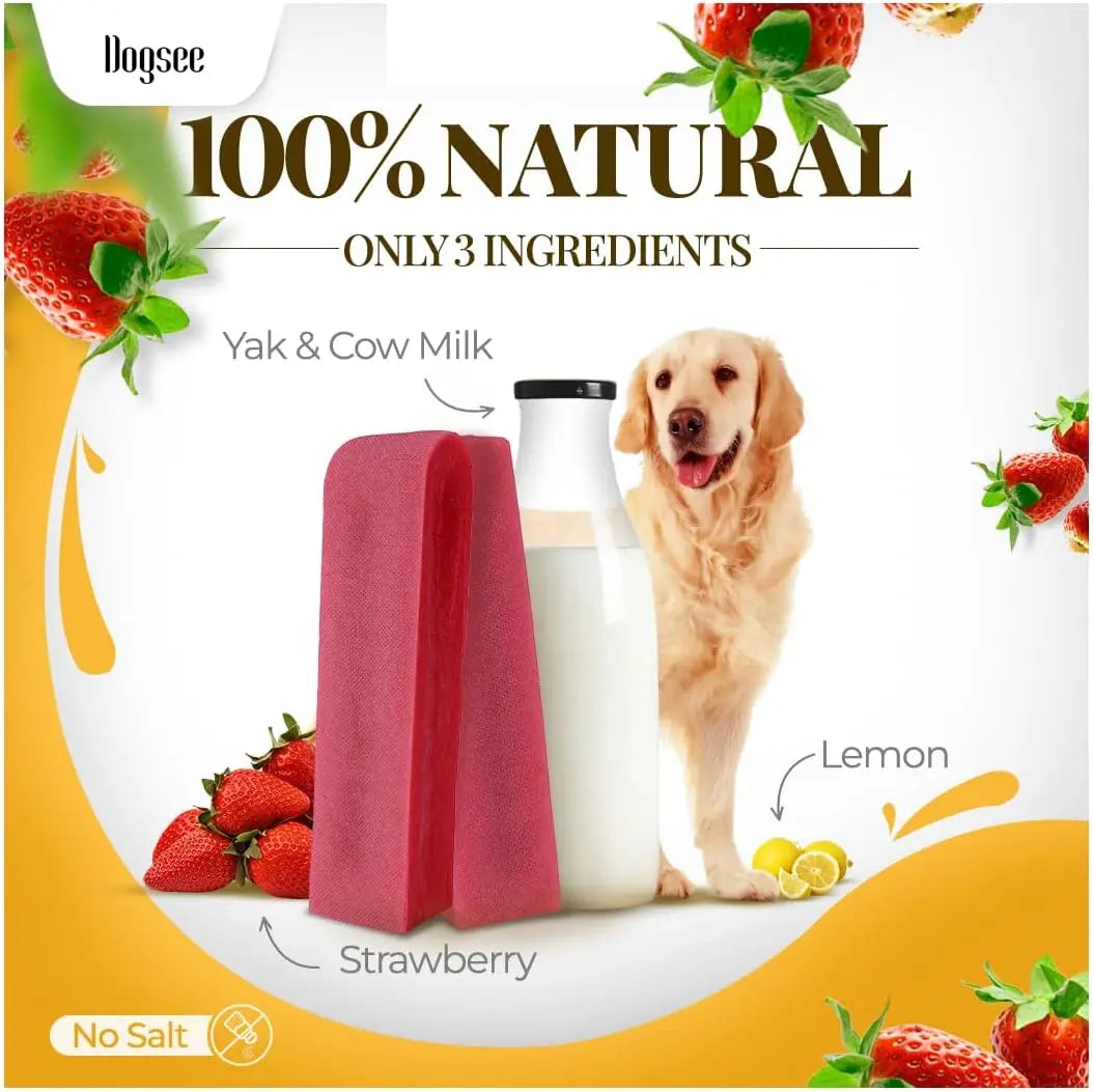 Dogsee Himalayan Sun-Dried Yak Cheese Canine Snacks with Real Strawberries - Large (4 Bars, 35-Day Supply), Gluten-Free, Grain & Cow Milk-Free, 60% Protein Immunity Booster, 36-Month Shelf Life, Dental Care Plaque Fighter, Boredom Reducer