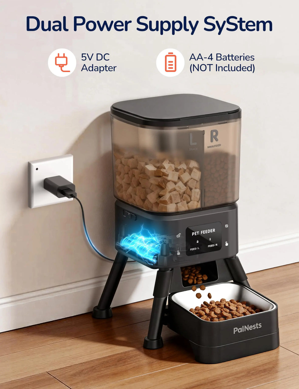 Palnests Dual-Cavity Smart Automatic Feeder - 4L Dry Food Dispenser with Stainless Steel Bowls, 2-Hopper Separation, 2.4Ghz & 5Ghz Wifi Sync, Airtight Fresh Lock, App Control, Timed Feed, Dual Power Backup, Low Food Alerts for Cats & Small/Medium Dogs