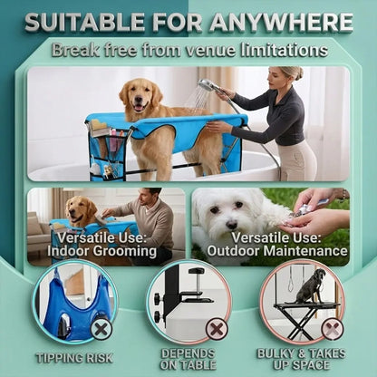Portable Pet Grooming Table with Stand – Foldable, Holds up to 165 Lbs, Joint Protection for Senior Dogs & Cats, No-Stress Restraint for Small & Medium Pets, Machine-Washable Cover for Home & Salon Use