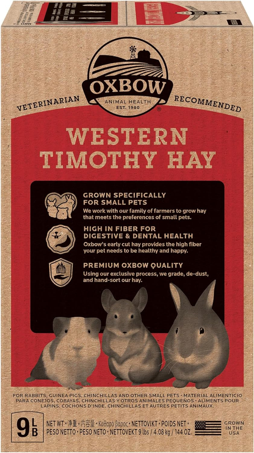 Premium Western Timothy Hay for Small Pets - Natural Grass for Guinea Pigs, Bunnies, Chinchillas, and Hamsters - 9 lb Box