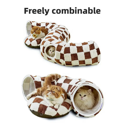 2-In-1 Plaid Cat Tunnel Bed for Indoor Cats - Cute Donut Design with Hidden Play Space, Washable Circle Cushion, Studded Grip Base for Kittens/Rabbits