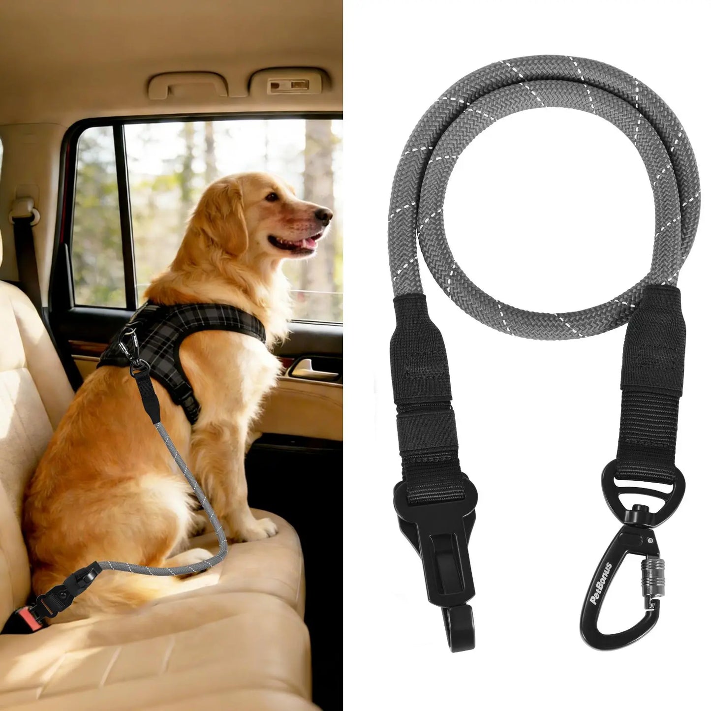 Petbonus Dog Seat Belt for Car, Durable Rope Dog Car Harness Seatbelt for Vehicle, Pet Tether Safety Restraint with Heavy Duty Buckle Hook Latch Lockable Clip for Small Medium Large Breeds