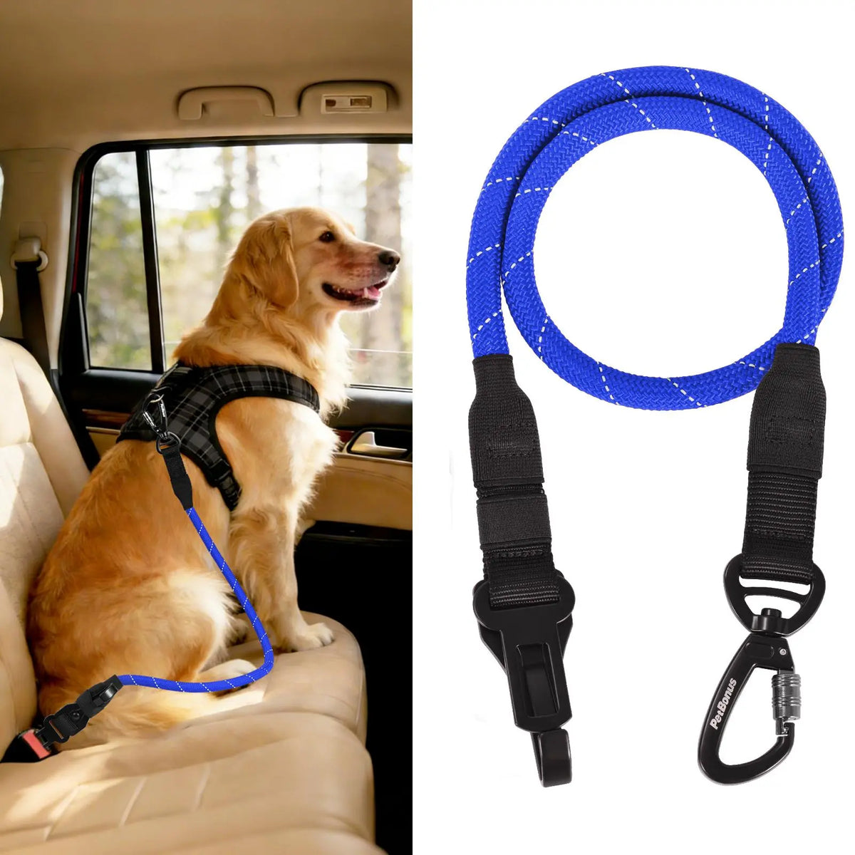 Petbonus Dog Seat Belt for Car, Durable Rope Dog Car Harness Seatbelt for Vehicle, Pet Tether Safety Restraint with Heavy Duty Buckle Hook Latch Lockable Clip for Small Medium Large Breeds