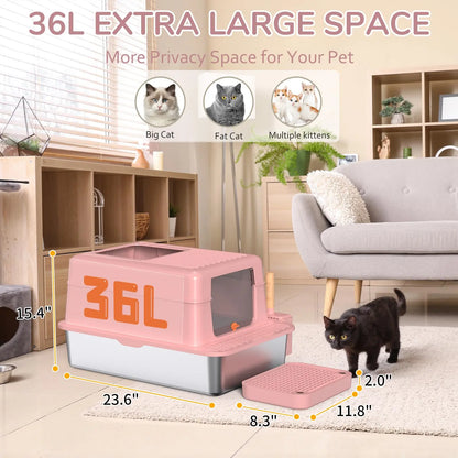 Metal Litter Box with Lid, 36L Extra Large Litter Box XL for Big Cats Top Entry Stainless Steel Litter Box with Double Filter Pedal & Scoop High Sided & Non-Sticky & Anti-Leakage