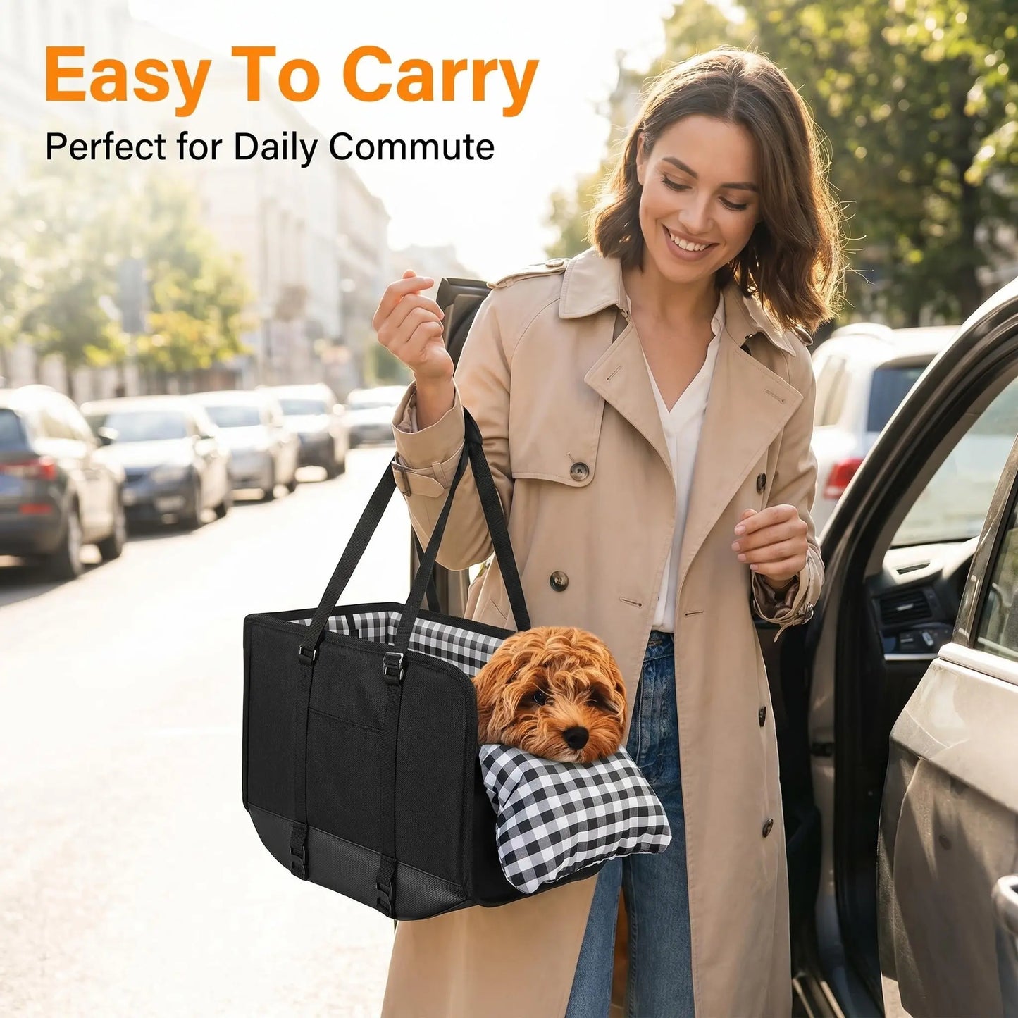 Luxury Center Console Dog Car Seat for Small Pets up to 12 Lbs - Armrest-Mount Puppy Carrier, Checkered Padded Fabric Cushion, Safety Tether, Cars Accessories Travel Bed for Dogs & Cats