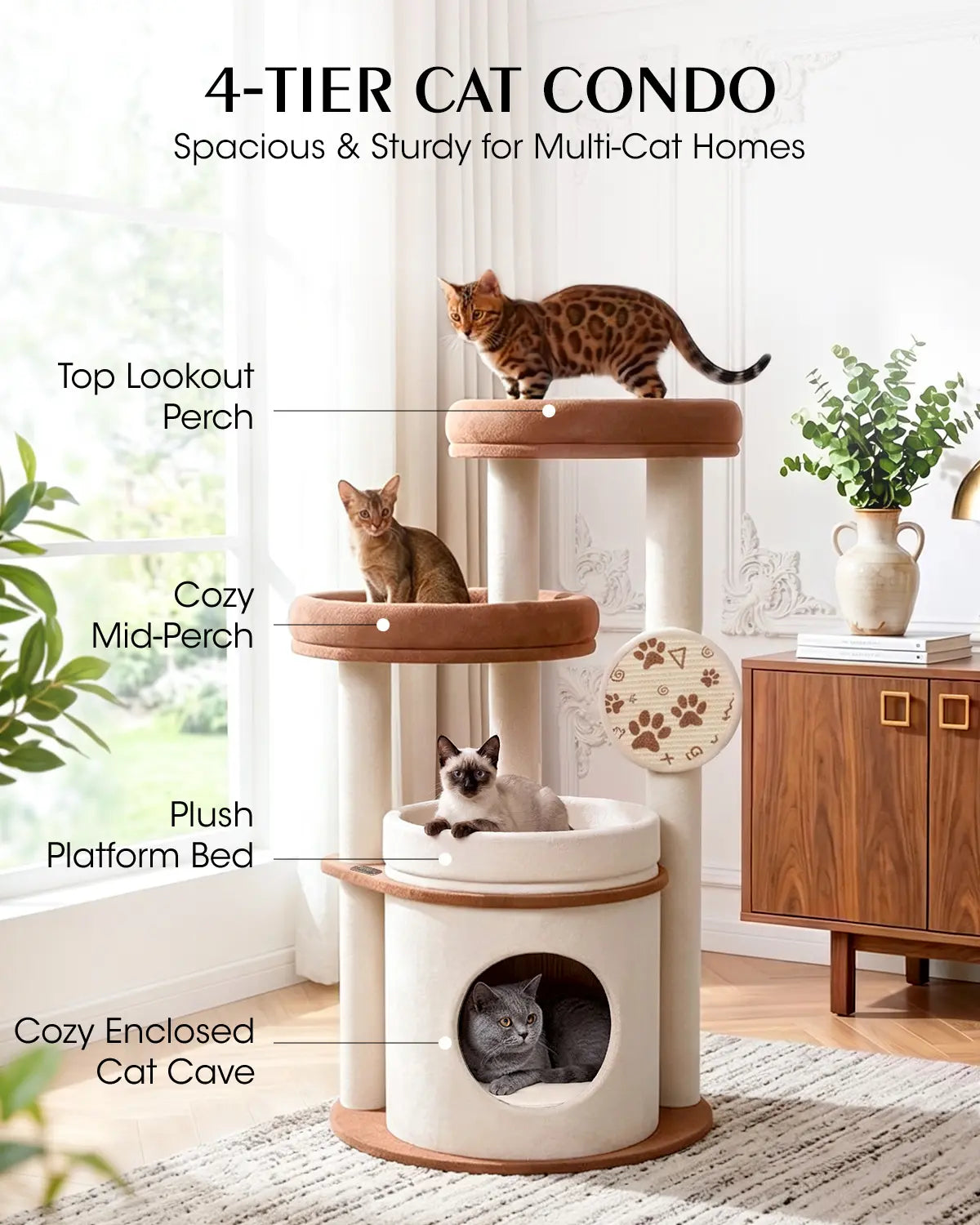4-Tier Fully Wrapped Plush Cat Tree for Large Cats and Multi-Cat Homes, Dual Spacious Perches, Cozy Condo, Wide Stable Base and Scratching Pad