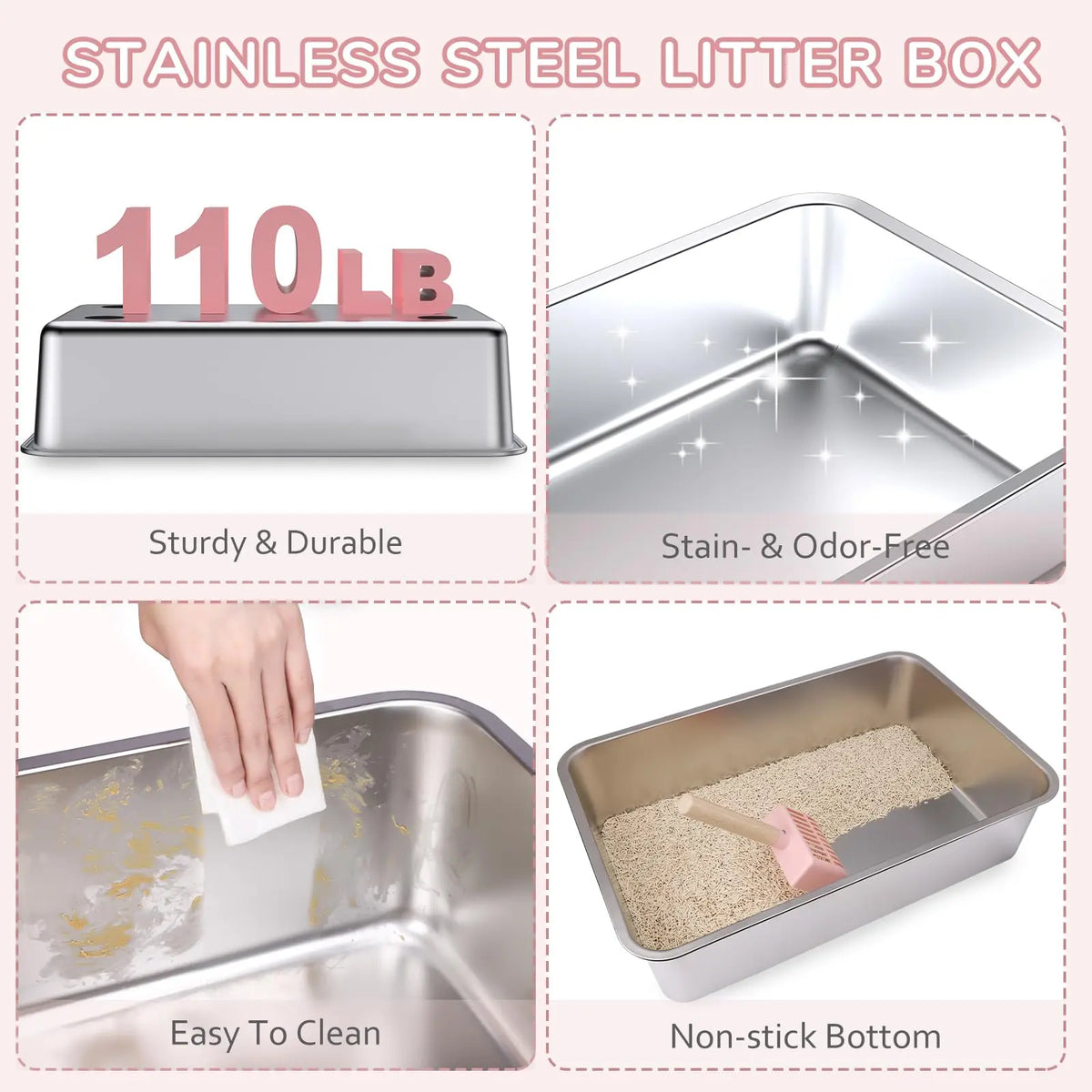 Metal Litter Box with Lid, 36L Extra Large Litter Box XL for Big Cats Top Entry Stainless Steel Litter Box with Double Filter Pedal & Scoop High Sided & Non-Sticky & Anti-Leakage