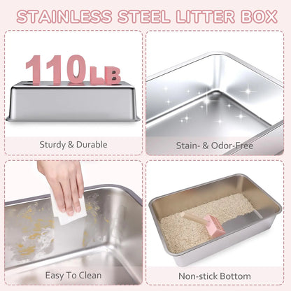 Metal Litter Box with Lid, 36L Extra Large Litter Box XL for Big Cats Top Entry Stainless Steel Litter Box with Double Filter Pedal & Scoop High Sided & Non-Sticky & Anti-Leakage