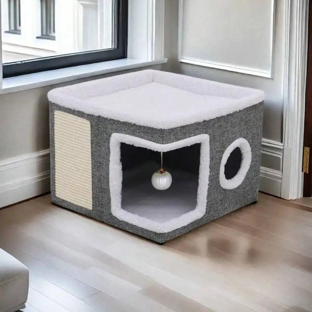 Polyester-Cotton Classic Modern Plain Foldable Cat House - 30Lbs Weight Capacity, Large Hole, round Windows, Fluffy Hanging Balls, Double-Sided Soft Cushions, All-Season Indoor Apartment Use,Sohochic