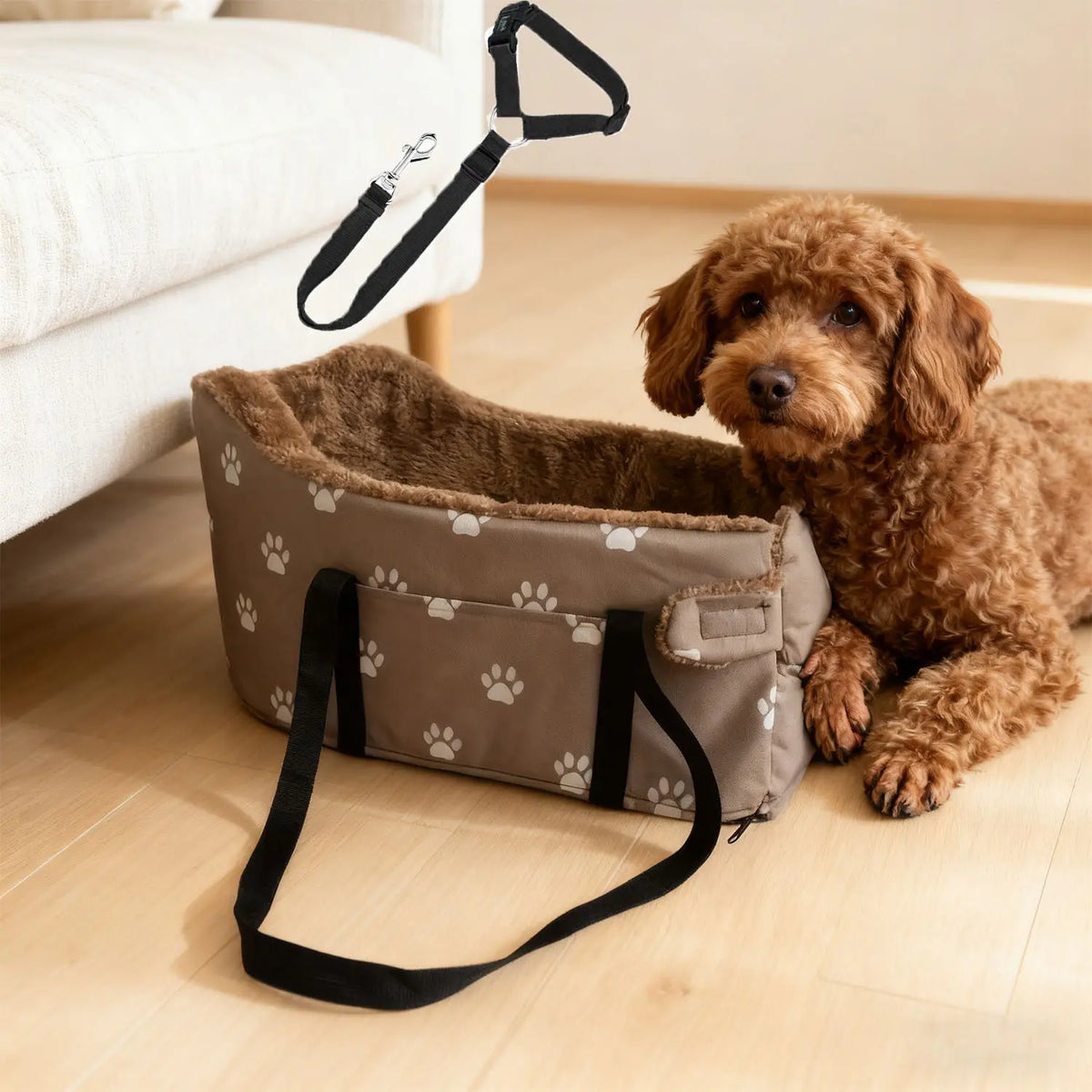 Smartwell Premium Plush Pet Booster Seat for Small Dogs and Cats - Anti-Anxiety Travel Carrier with Safety Tether and Washable Armrest Storage