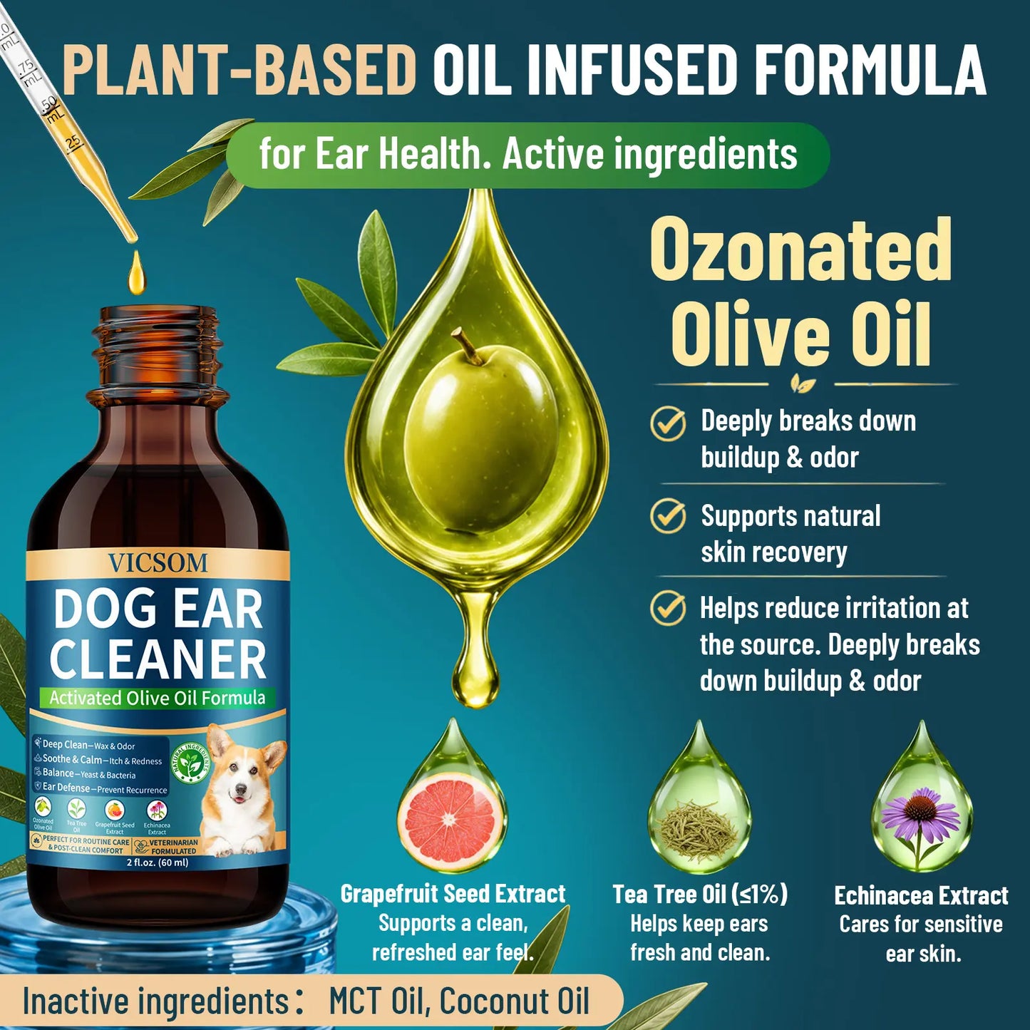 VICSOM Alcohol-Free Dog Ear Cleaner Liquid - 60Ml Ozonated Olive Oil & Botanical Blend, Easy to Apply for Wax Removal, Dirt & Debris, Routine Grooming, Freshens Ears