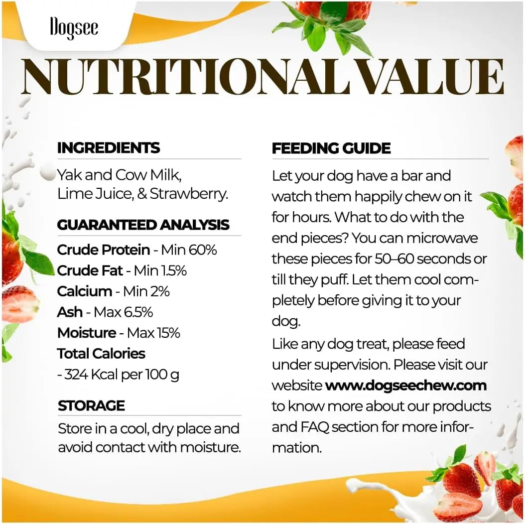Dogsee Himalayan Sun-Dried Yak Cheese Canine Snacks with Real Strawberries - Large (4 Bars, 35-Day Supply), Gluten-Free, Grain & Cow Milk-Free, 60% Protein Immunity Booster, 36-Month Shelf Life, Dental Care Plaque Fighter, Boredom Reducer