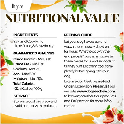 Dogsee Himalayan Sun-Dried Yak Cheese Canine Snacks with Real Strawberries - Large (4 Bars, 35-Day Supply), Gluten-Free, Grain & Cow Milk-Free, 60% Protein Immunity Booster, 36-Month Shelf Life, Dental Care Plaque Fighter, Boredom Reducer